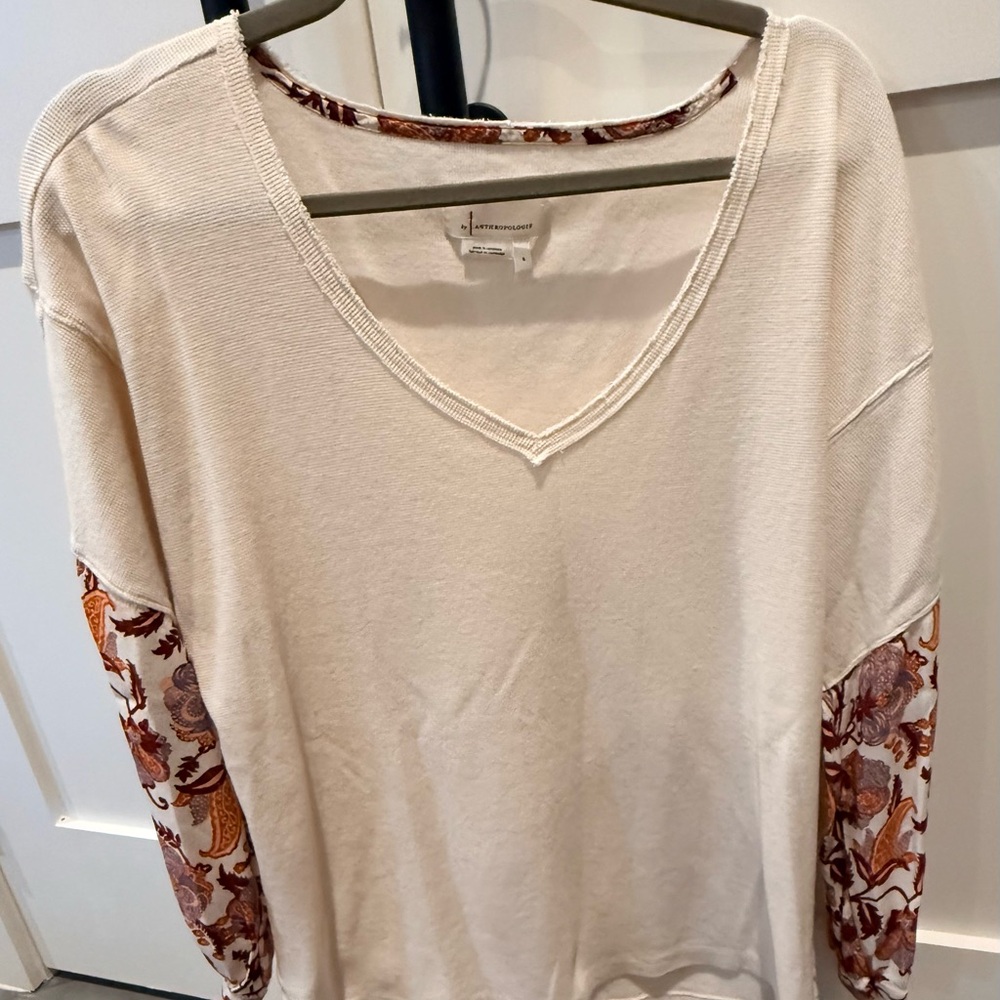 Anthropologie Cream V-Neck Sweatshirt with Patterned Sleeves